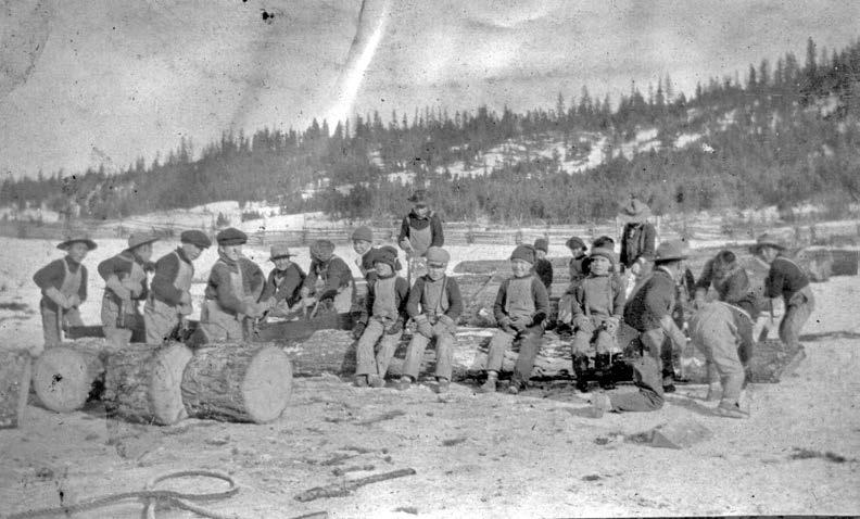 Boys cutting wood at the Williams Lake, British Columbia, school in either the late nineteenth or early twentieth century. In February 1902 Duncan Sticks froze to death after running away from the school. Museum of the Cariboo Chilcotin.